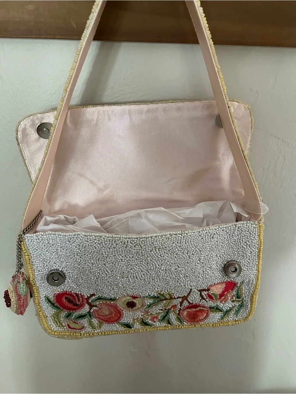 Marshalls Beaded Floral Shoulder Bag - Cream, Pink & Green PEACHES!